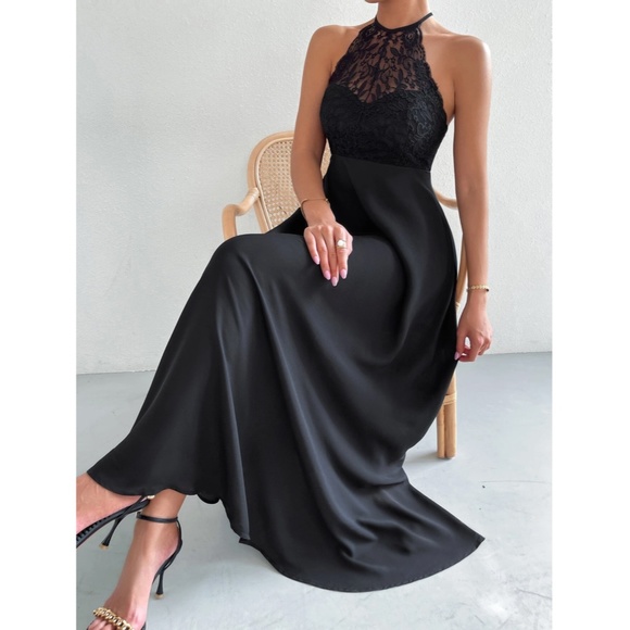 Black Elegant Maxi Dress Lace Halter Neckline Tie Back Backless Flared Long - Picture 2 of 10